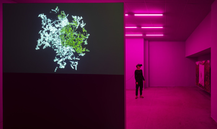A woman in a gallery space, lit with pink light, is wearing a VR headset and looking up in wonder.
