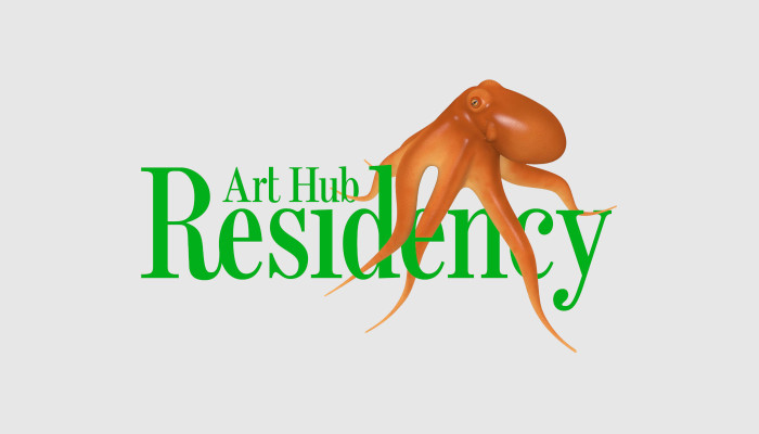 Arts Hub Residency logo - name with a shiny octopus sitting atop the word residency.