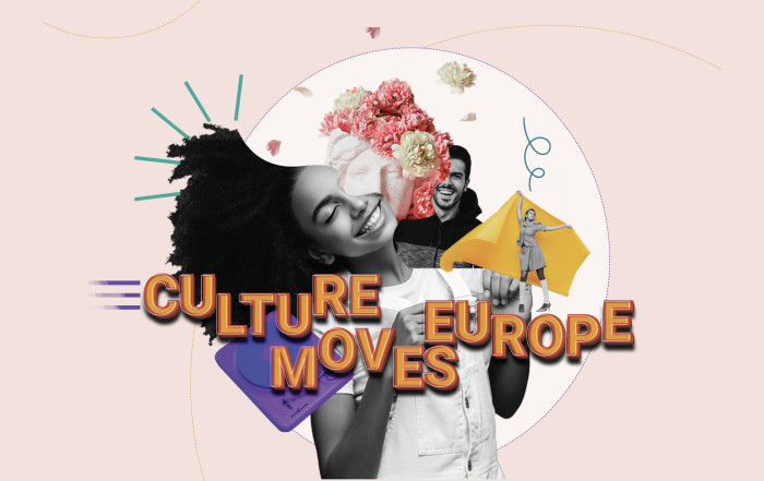 Culture Moves Europe - a smiling woman leans to the side as her head explodes with cultural emblems.