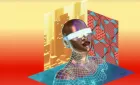 Computer generated model of a woman wearing a band-like visor made of light - VR of the future!