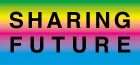Text 'Sharing future' over stripes of colour. 