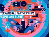A graphic of the globe with faces, nature, activities and objects, with the EU logo and the text 'EU international partnerships for people and planet'. 