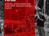 Title of the residency with a photo of someone standing near a jungle forest. 