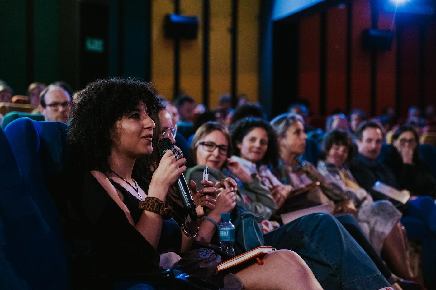 A person speaking with a mic in a full theatre.
