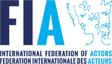 Logo for the International Federation of Actors. A big 'FIA' next to a line drawing, a little abstract, in which one can discern two heads facing in opposite directions.