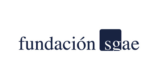 Logo for Fundación SGAE. Name written out in a simple font, with a black square lurking behind the s and g.