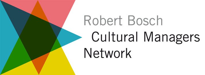 Logo for Robert Bosch Cultural Managers Network: name next to a graphic of three large triangles, differently orientated, which overlap one another and blend their colours.