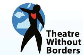 Logo for Theatre Without Borders. Name next to the silhouette of an actor or dancer, with a red heart clear on their chest.