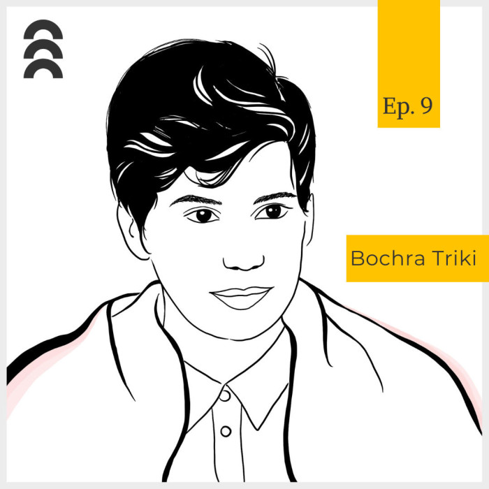 Line drawing of a figure with wavy black hair and a serene expression. Bochra Triki - Episode 9.