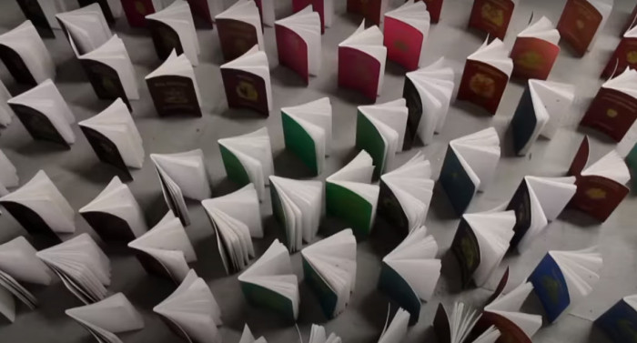 A crowded field of differently coloured passports. They are leafed open and standing up, caught in the process of moving forwards in a stop motion animation.