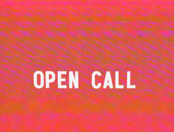 Pink-orange square with the words 'open call' in block capitals.