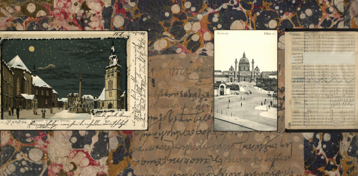 Collage of archive images - some sheet music, a painting of a snowy plaza, an old black and white photograph.
