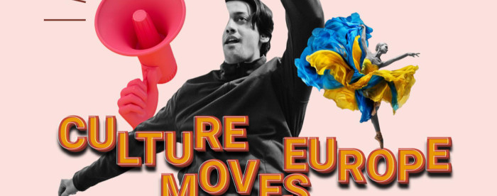Collage image of a man with a megaphone overlaid with a dancer striking a pose in a dress in Ukrainian colours. 'Culture Moves Europe'.