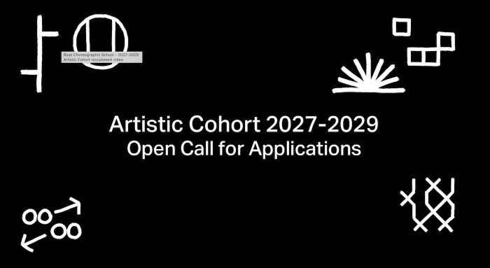 Title of the open call with symbols in the corners. 