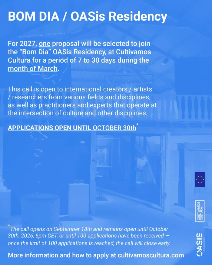 Text of the call on a coloured background with an image of a residency space. 