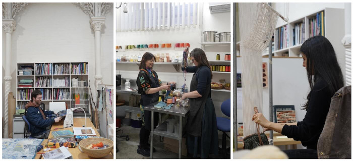 Three images of people working in creative spaces. 