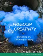 Cover for Freedom & Creativity: Defending Art, Defending Diversity. Words centred on a photo of an expanding cloud of blue powder. 