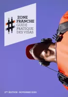 Cover for Zone Franche's visa guide, shows upward-facing photograph of a man in an orange shirt, against a blue sky.