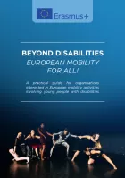 Six dancers, all mid dance pose, and joined in a kind of chain - one dancer a wheelchair user.