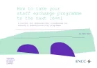 Cover for How to Take Your Staff Exchange Programme to the Next Level. Simple illustration of two purpley blobs on a field of mint green - shapes about to do a staff exchange.