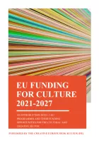 A stream of multicoloured lines - like something disappearing down a wormhole. 'EU funding for Culture 2021-2027'.