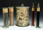 Four glass cylinders and a mason jar, filled with seeds and extracts, labelled in Italian.