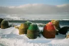 Colourful fishing baskets stacked on a snowy harbour.
