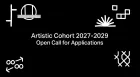 Title of the open call with symbols in the corners. 