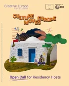 Text of the open call with an illustration of a Greek-style simple house. 