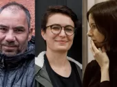 Photo of the speakers, Balasz is facing the camera with a red brick background, In the middle is Marie Fol with short dark hair and glasses, Marie La Sourd is on the right with a hand to her mouth 