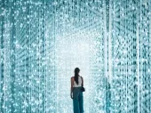 The back of a person, moving through lights that seem like a computer programme feed. 