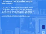 Text of the call on a coloured background with an image of a residency space. 