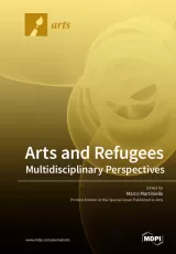 Cover for Arts and Refugees: Multidisciplinary Perspectives. Title on a golden background with some abstract circles and spirals.