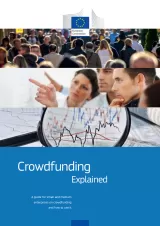 Triptych image of a busy crowd, some corporate types looking intensely at a whiteboard, and a magnifying glass highlighting a line graph. Cover of Crowdfunding Explained.