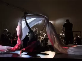 A dancer seated on the ground holds a streaming white sheet over her head.