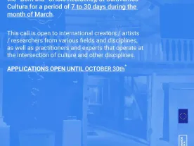 Text of the call on a coloured background with an image of a residency space. 