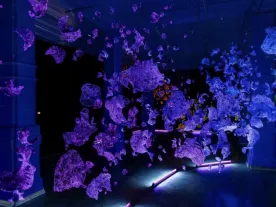 Purple, blob-like shapes in a dark space. 