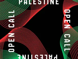 Title of the call with patterns in the colours of the Palestinian flag. 