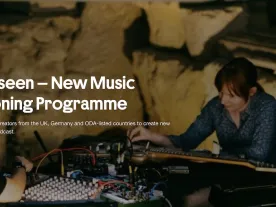 Text of the call over an image of a person with a synthesiser. 